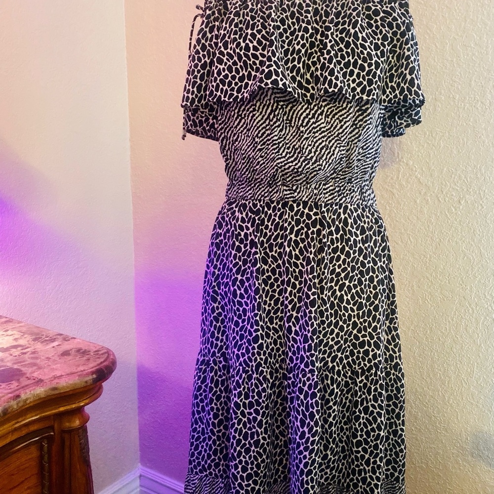Michael Kors Black and White animal print midi dress, off the shoulder style.